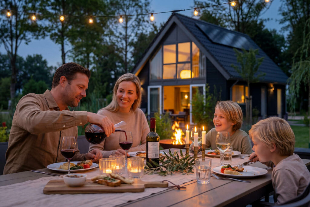 gezin met 2 kinderen aan tafel eten tijdens een warme zomerse dag in de avonduren voor hun eigen villa